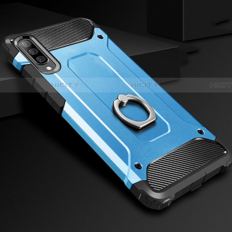Custodia Silicone e Plastica Opaca Cover con Anello Supporto H01 per Samsung Galaxy A90 5G Cielo Blu