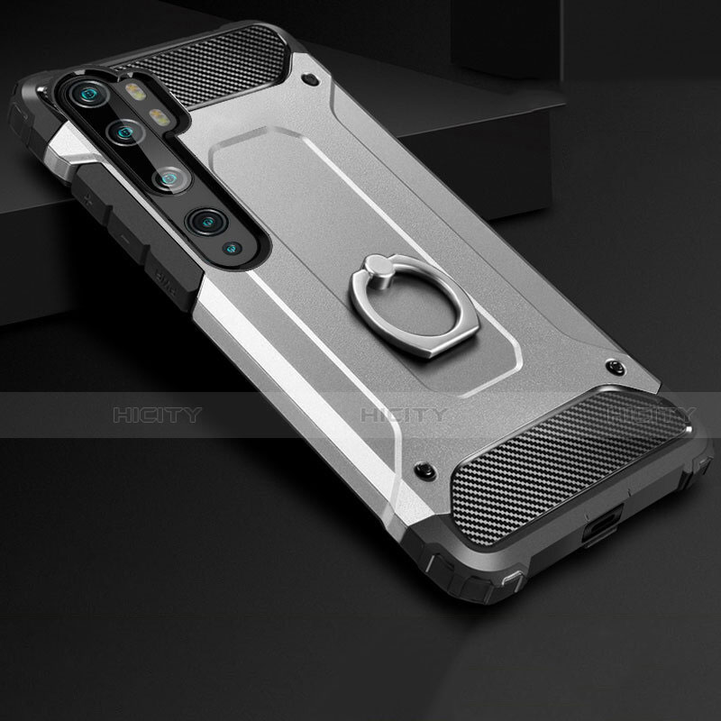 Custodia Silicone e Plastica Opaca Cover con Anello Supporto H01 per Xiaomi Mi Note 10 Argento