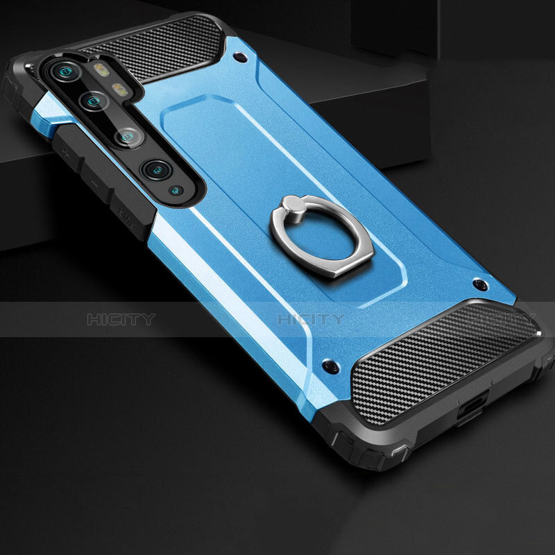 Custodia Silicone e Plastica Opaca Cover con Anello Supporto H01 per Xiaomi Mi Note 10 Blu