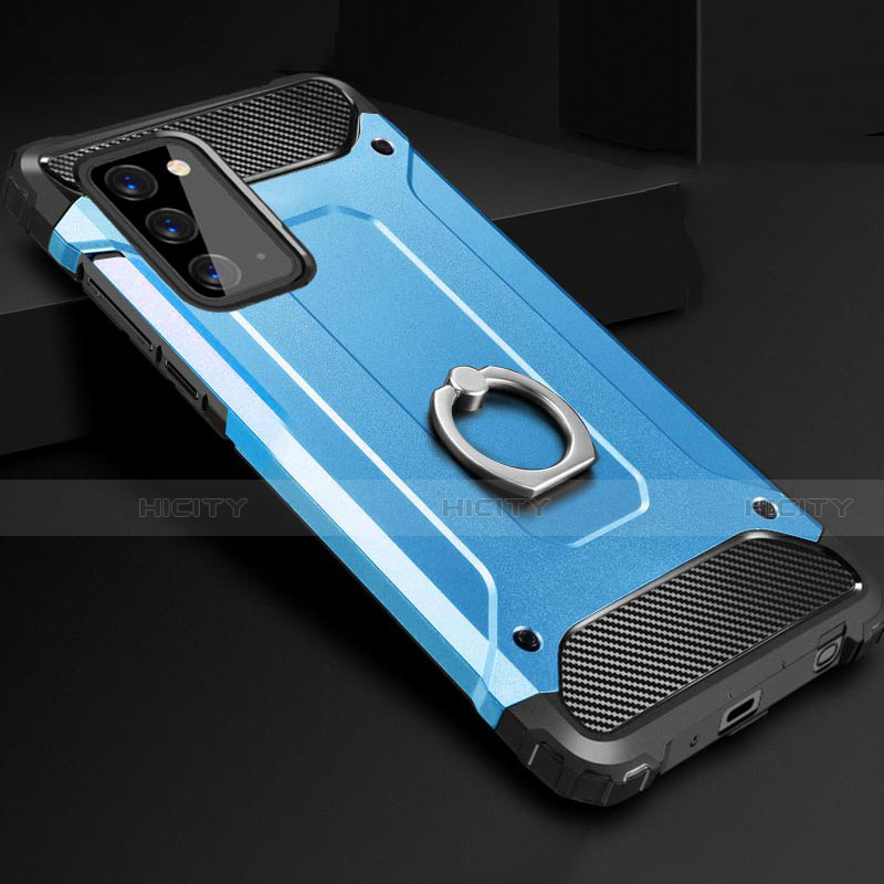 Custodia Silicone e Plastica Opaca Cover con Anello Supporto N01 per Samsung Galaxy Note 20 5G Cielo Blu