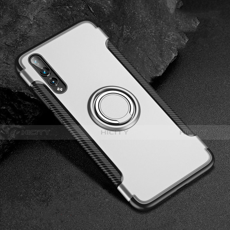 Custodia Silicone e Plastica Opaca Cover con Anello Supporto per Huawei P20 Pro Bianco