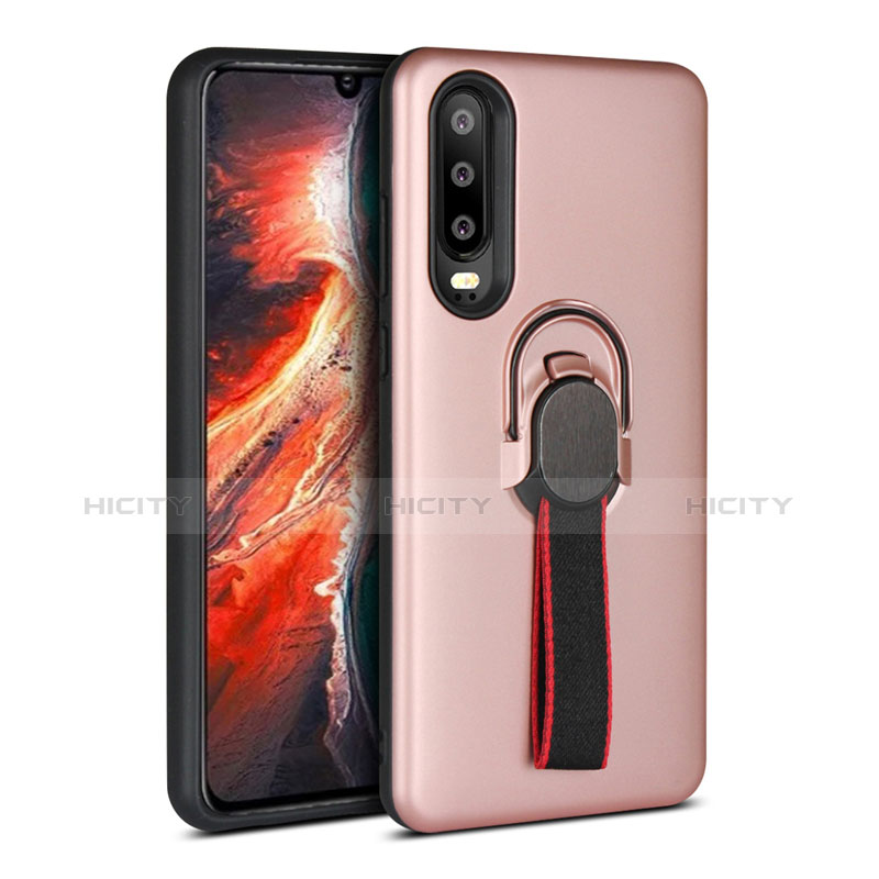 Custodia Silicone e Plastica Opaca Cover con Anello Supporto per Huawei P30 Oro Rosa