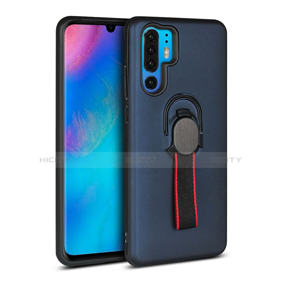 Custodia Silicone e Plastica Opaca Cover con Anello Supporto per Huawei P30 Pro Blu