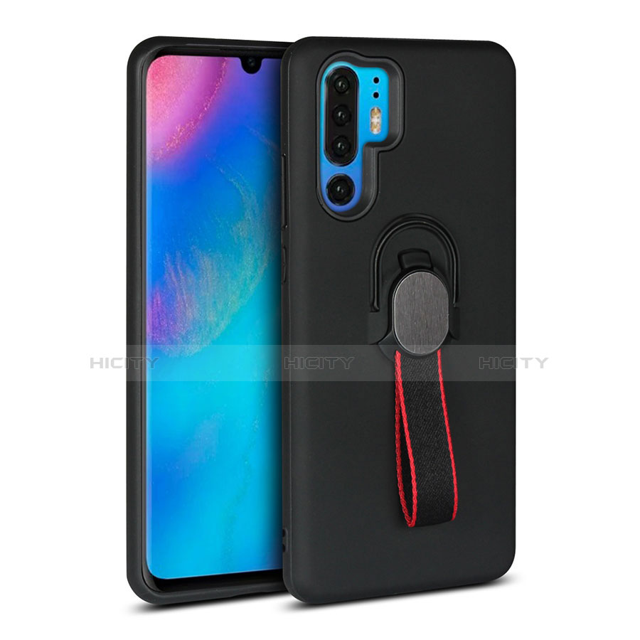 Custodia Silicone e Plastica Opaca Cover con Anello Supporto per Huawei P30 Pro New Edition Nero