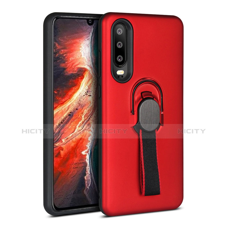 Custodia Silicone e Plastica Opaca Cover con Anello Supporto per Huawei P30 Rosso