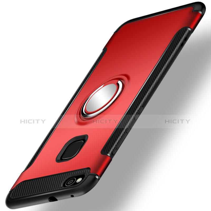 Custodia Silicone e Plastica Opaca Cover con Anello Supporto per Huawei P8 Lite (2017) Rosso