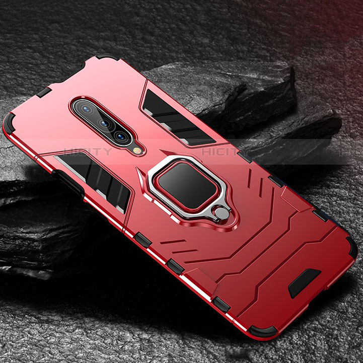 Custodia Silicone e Plastica Opaca Cover con Anello Supporto per OnePlus 7 Pro Rosso