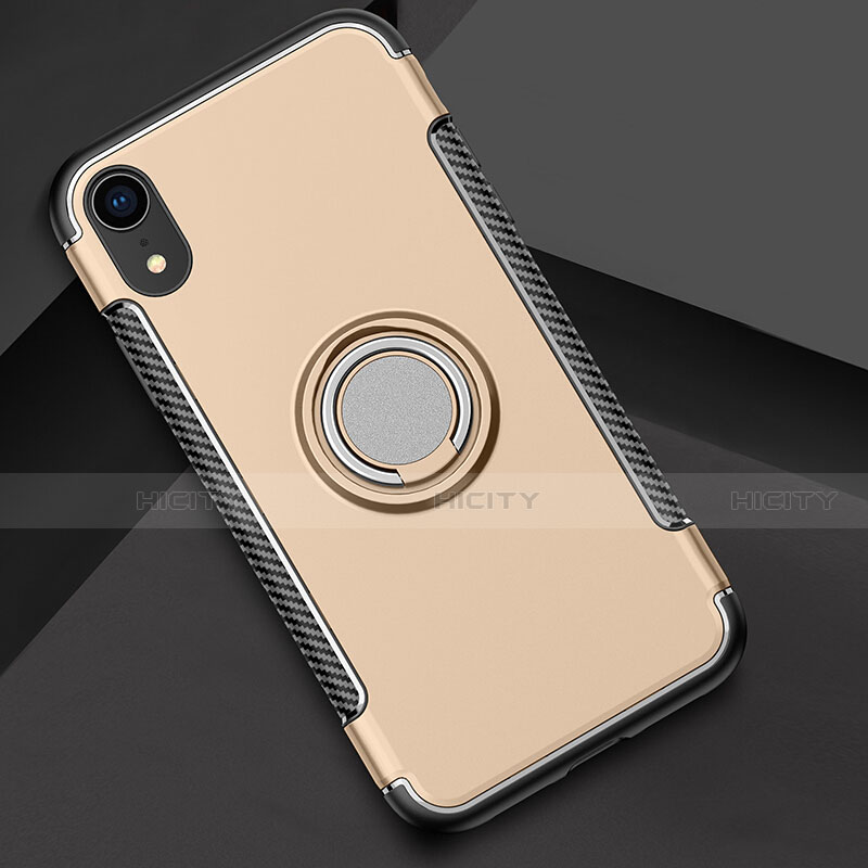 Custodia Silicone e Plastica Opaca Cover con Anello Supporto S01 per Apple iPhone XR Oro