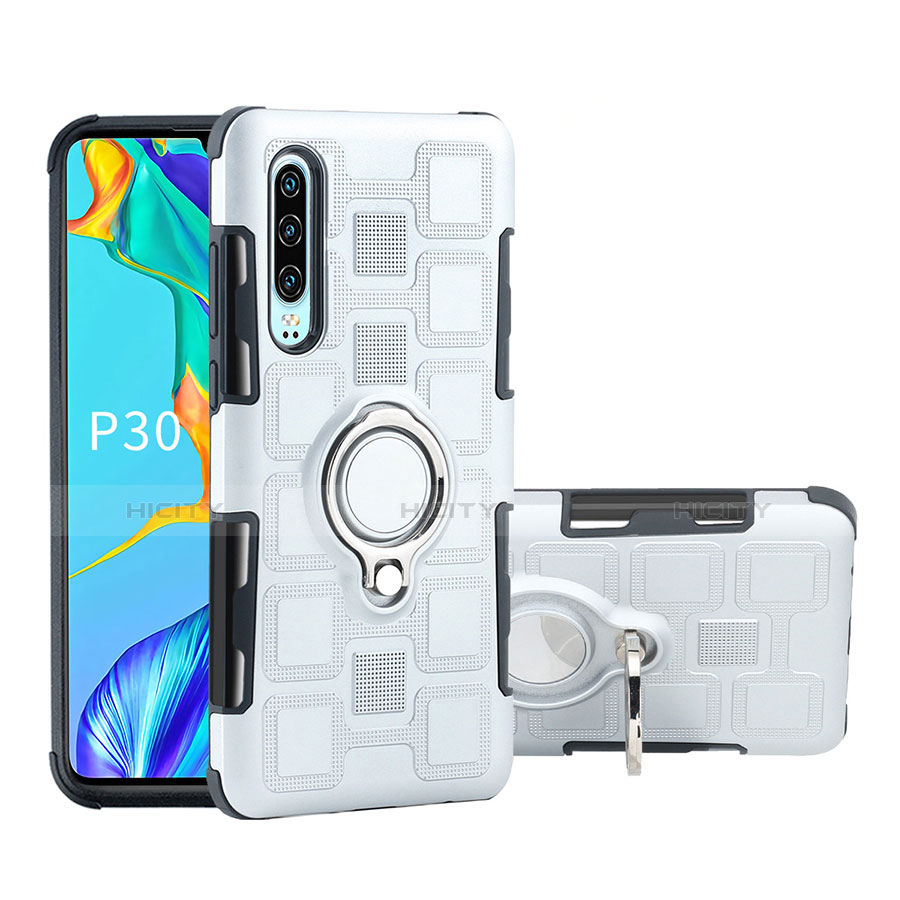 Custodia Silicone e Plastica Opaca Cover con Anello Supporto S01 per Huawei P30 Bianco