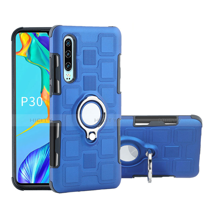 Custodia Silicone e Plastica Opaca Cover con Anello Supporto S01 per Huawei P30 Blu