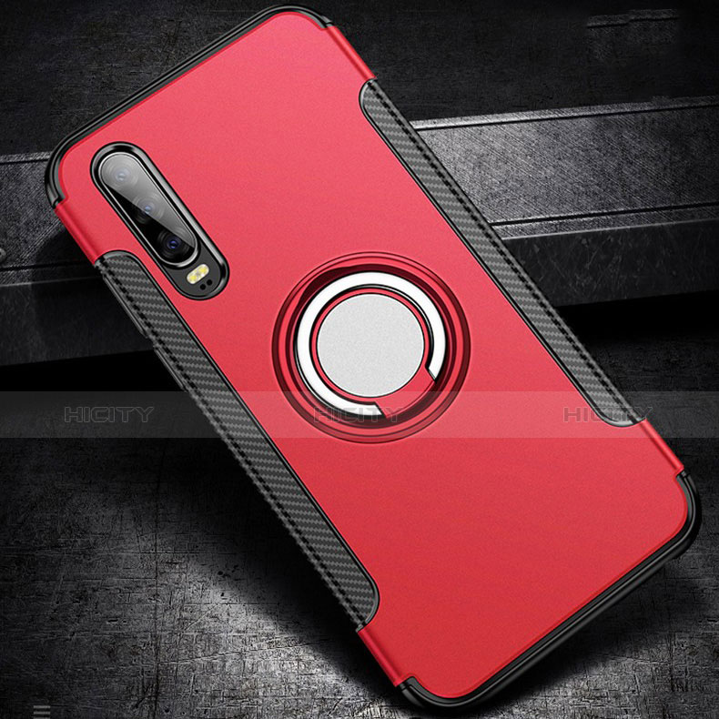 Custodia Silicone e Plastica Opaca Cover con Anello Supporto S02 per Huawei P30 Rosso