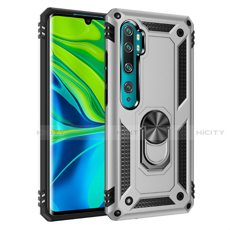 Custodia Silicone e Plastica Opaca Cover con Magnetico Anello Supporto D01 per Xiaomi Mi Note 10 Argento