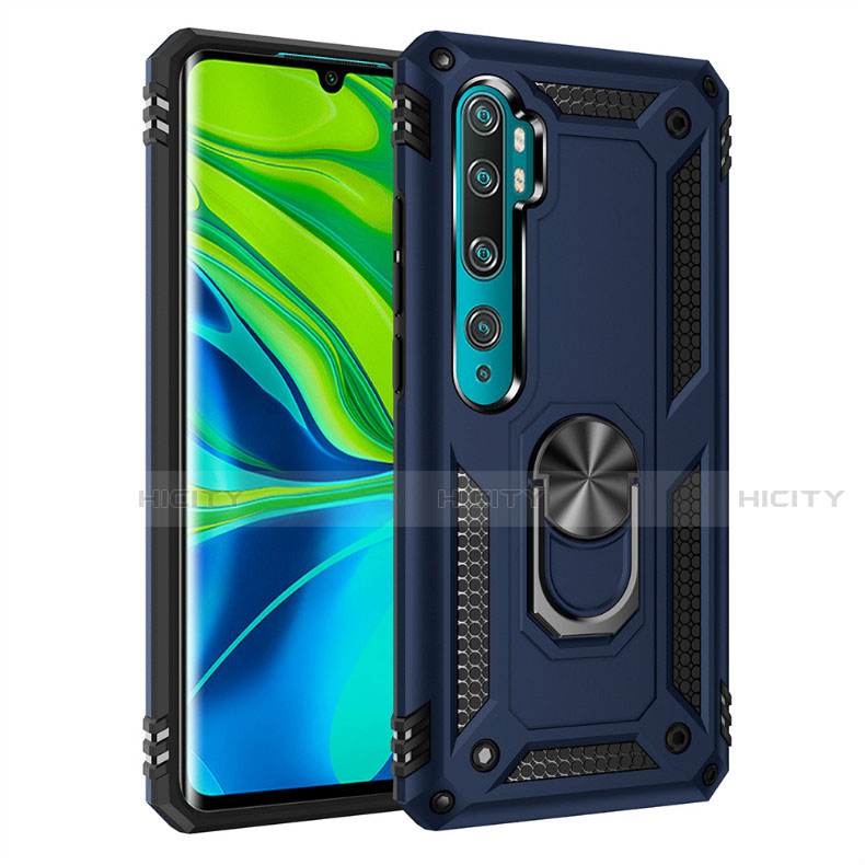 Custodia Silicone e Plastica Opaca Cover con Magnetico Anello Supporto D01 per Xiaomi Mi Note 10 Blu