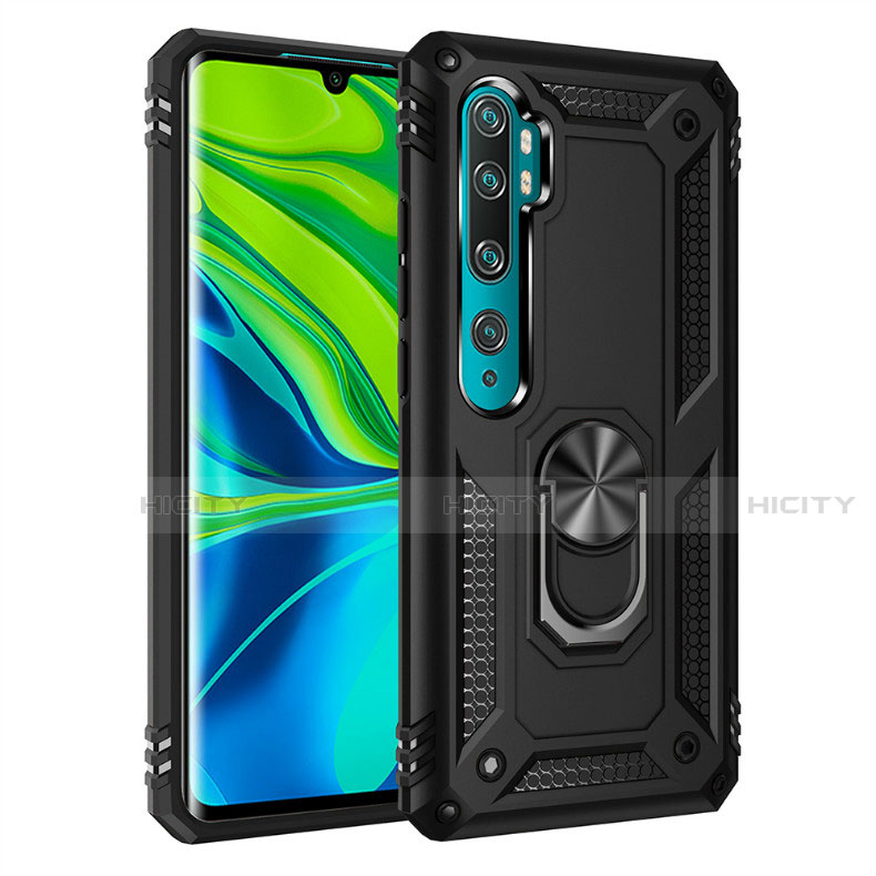 Custodia Silicone e Plastica Opaca Cover con Magnetico Anello Supporto D01 per Xiaomi Mi Note 10 Nero