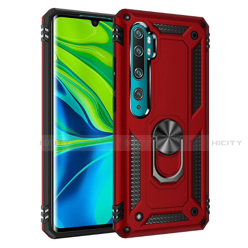 Custodia Silicone e Plastica Opaca Cover con Magnetico Anello Supporto D01 per Xiaomi Mi Note 10 Pro Rosso