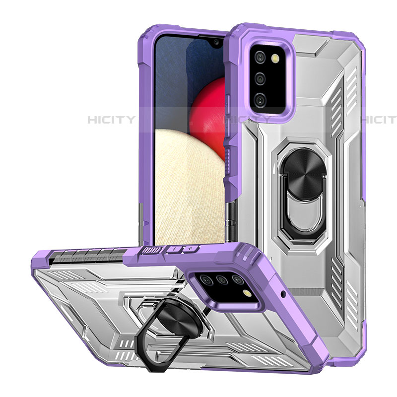 Custodia Silicone e Plastica Opaca Cover con Magnetico Anello Supporto J01S per Samsung Galaxy A03s Viola