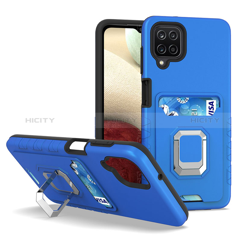 Custodia Silicone e Plastica Opaca Cover con Magnetico Anello Supporto J01S per Samsung Galaxy A12 Blu