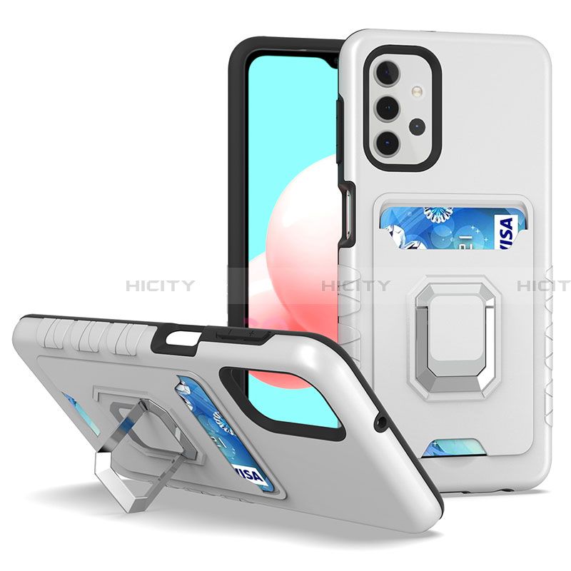 Custodia Silicone e Plastica Opaca Cover con Magnetico Anello Supporto J03S per Samsung Galaxy A32 4G Argento