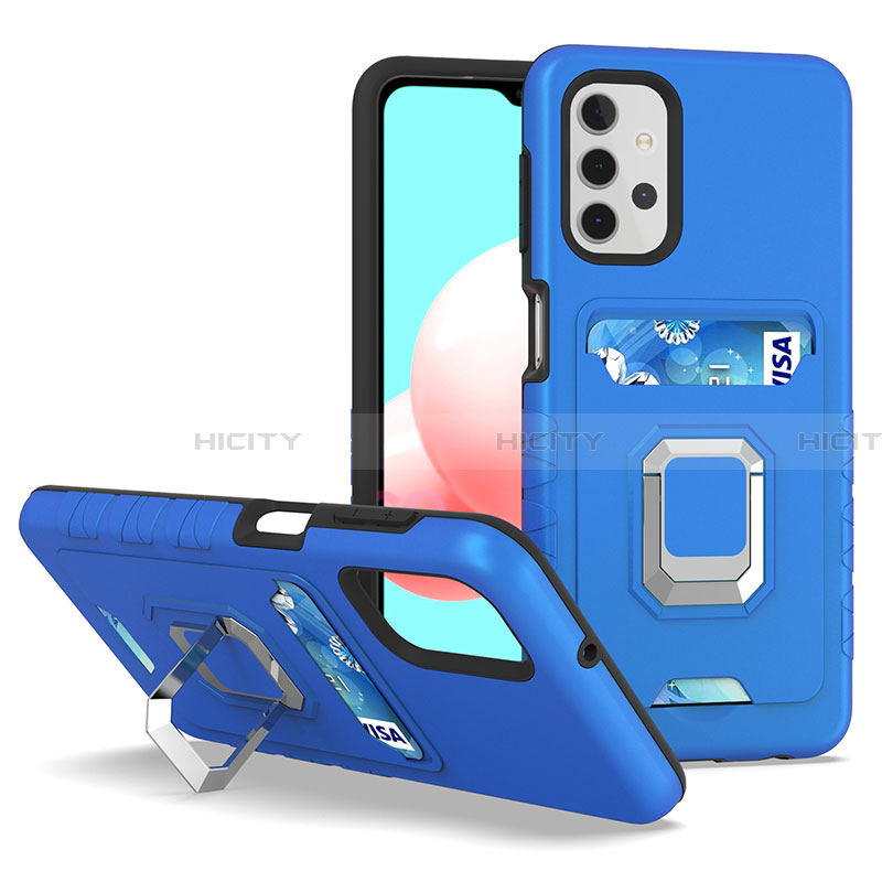 Custodia Silicone e Plastica Opaca Cover con Magnetico Anello Supporto J03S per Samsung Galaxy A32 4G Blu