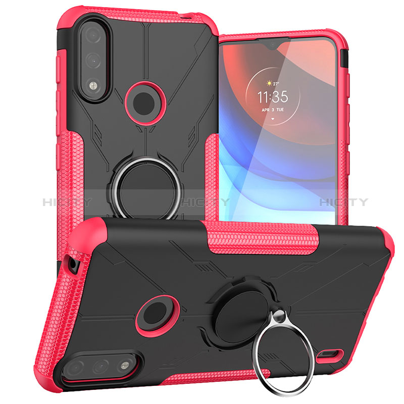 Custodia Silicone e Plastica Opaca Cover con Magnetico Anello Supporto JX1 per Motorola Moto E7 Power Rosa Caldo