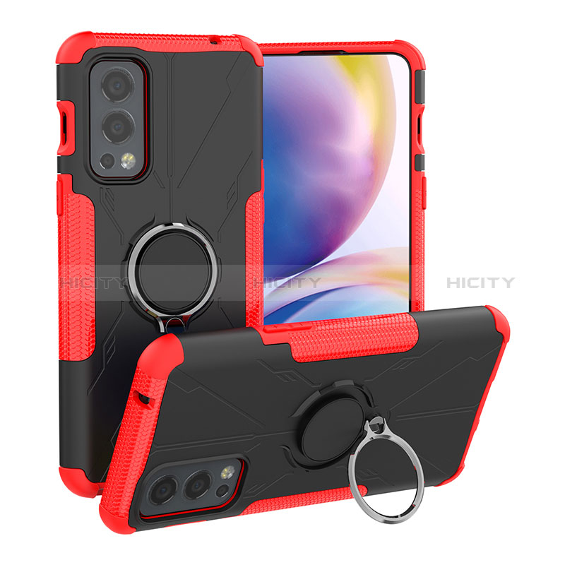 Custodia Silicone e Plastica Opaca Cover con Magnetico Anello Supporto JX1 per OnePlus Nord 2 5G Rosso