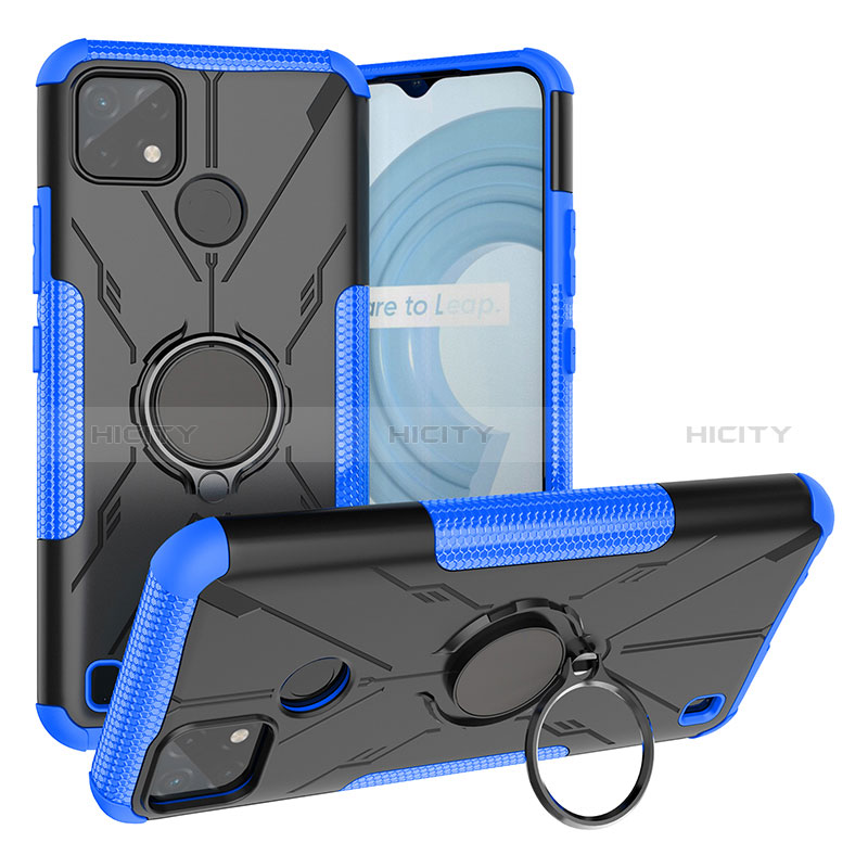 Custodia Silicone e Plastica Opaca Cover con Magnetico Anello Supporto JX1 per Realme C25Y India Blu