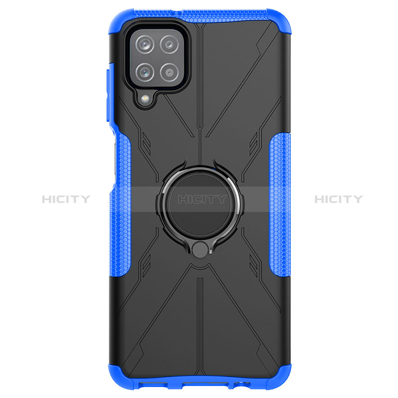 Custodia Silicone e Plastica Opaca Cover con Magnetico Anello Supporto JX1 per Samsung Galaxy A12 Nacho Blu