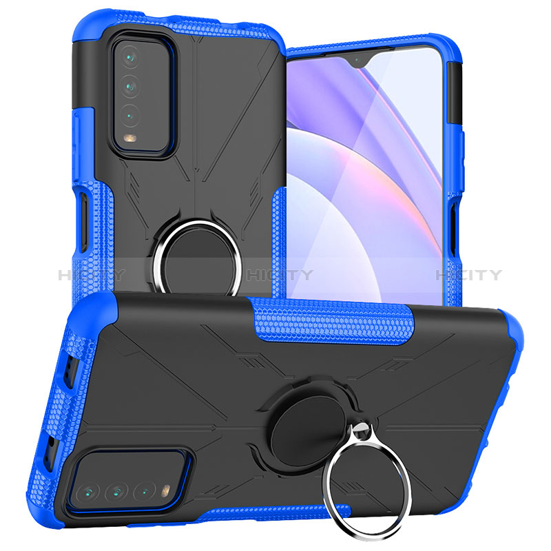 Custodia Silicone e Plastica Opaca Cover con Magnetico Anello Supporto JX1 per Xiaomi Redmi 9T 4G Blu