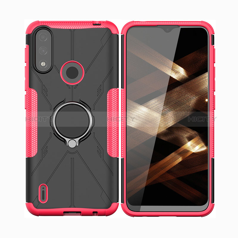 Custodia Silicone e Plastica Opaca Cover con Magnetico Anello Supporto JX2 per Motorola Moto E7 Power Rosa Caldo