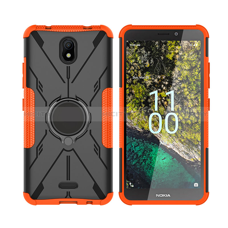 Custodia Silicone e Plastica Opaca Cover con Magnetico Anello Supporto JX2 per Nokia C100 Arancione