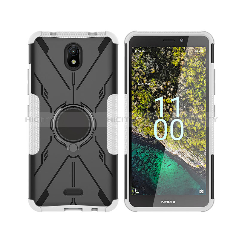 Custodia Silicone e Plastica Opaca Cover con Magnetico Anello Supporto JX2 per Nokia C100 Argento