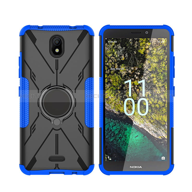 Custodia Silicone e Plastica Opaca Cover con Magnetico Anello Supporto JX2 per Nokia C100 Blu