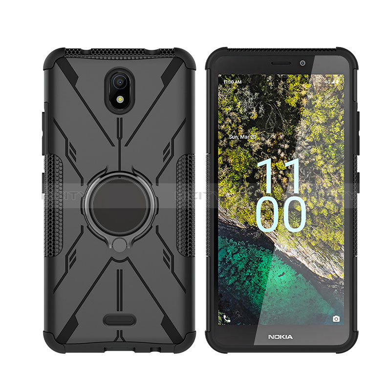 Custodia Silicone e Plastica Opaca Cover con Magnetico Anello Supporto JX2 per Nokia C100 Nero