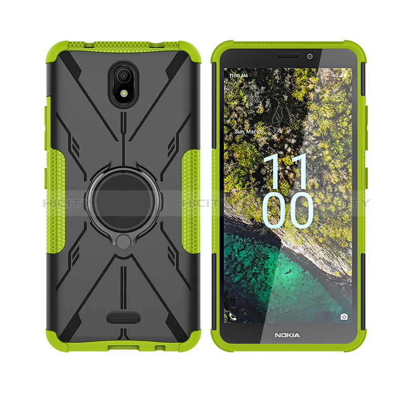 Custodia Silicone e Plastica Opaca Cover con Magnetico Anello Supporto JX2 per Nokia C100 Verde