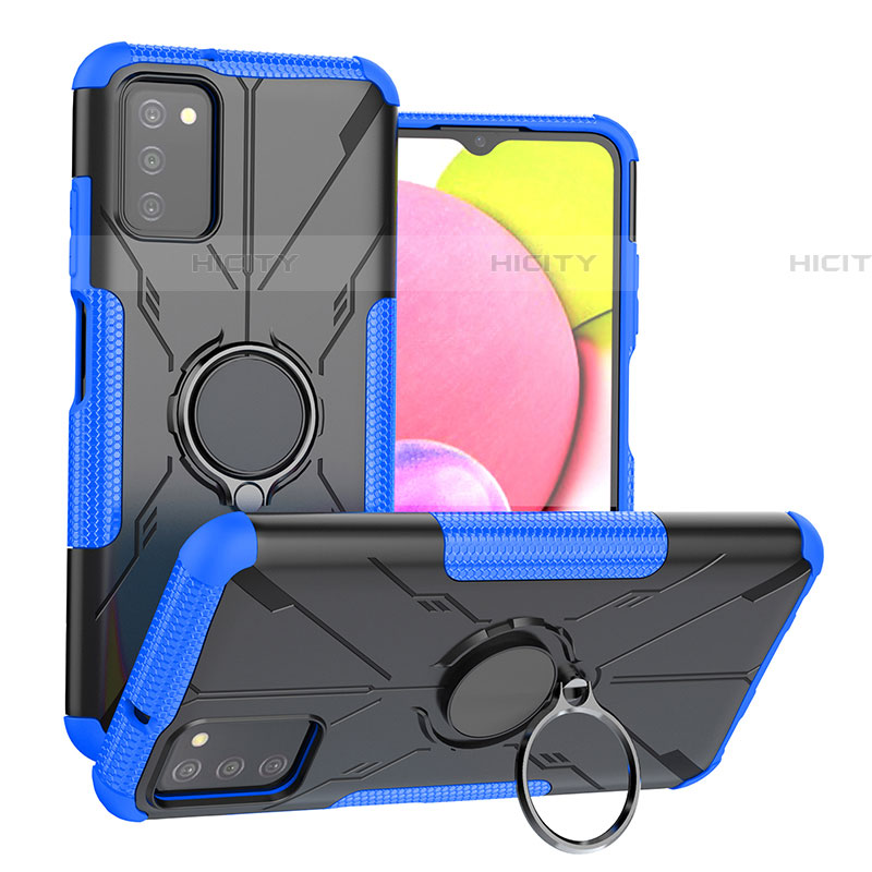 Custodia Silicone e Plastica Opaca Cover con Magnetico Anello Supporto JX3 per Samsung Galaxy A03s Blu