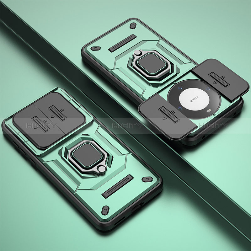 Custodia Silicone e Plastica Opaca Cover con Magnetico Anello Supporto K1C per Huawei Mate 60 Pro+ Plus Verde