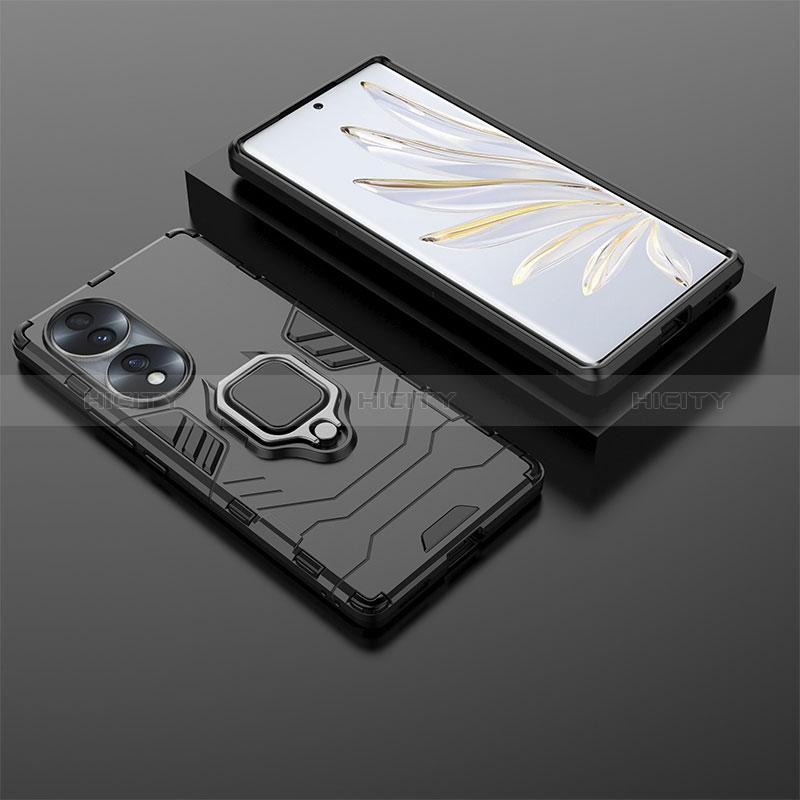 Custodia Silicone e Plastica Opaca Cover con Magnetico Anello Supporto KC1 per Huawei Honor 70 5G Nero