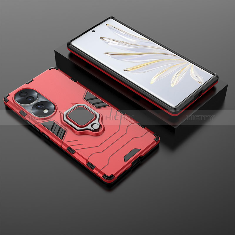 Custodia Silicone e Plastica Opaca Cover con Magnetico Anello Supporto KC1 per Huawei Honor 70 5G Rosso