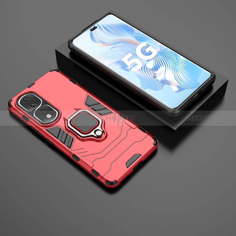 Custodia Silicone e Plastica Opaca Cover con Magnetico Anello Supporto KC1 per Huawei Honor 80 Pro 5G Rosso