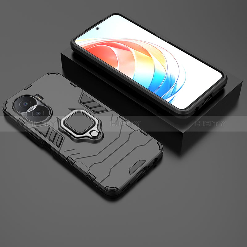 Custodia Silicone e Plastica Opaca Cover con Magnetico Anello Supporto KC1 per Huawei Honor X40i 5G Nero