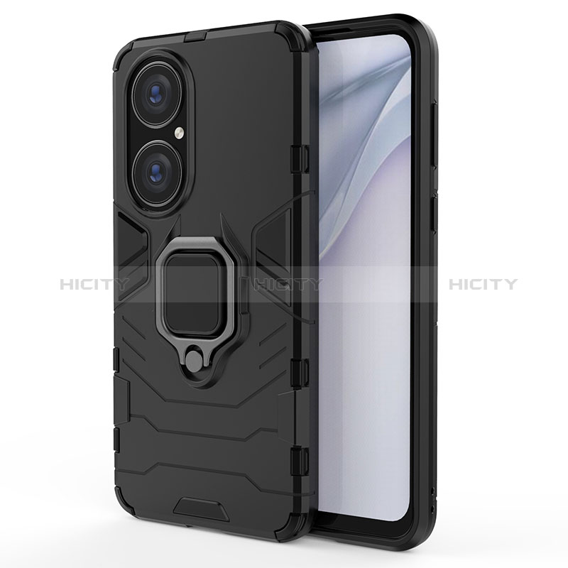 Custodia Silicone e Plastica Opaca Cover con Magnetico Anello Supporto KC1 per Huawei P50 Pro Nero