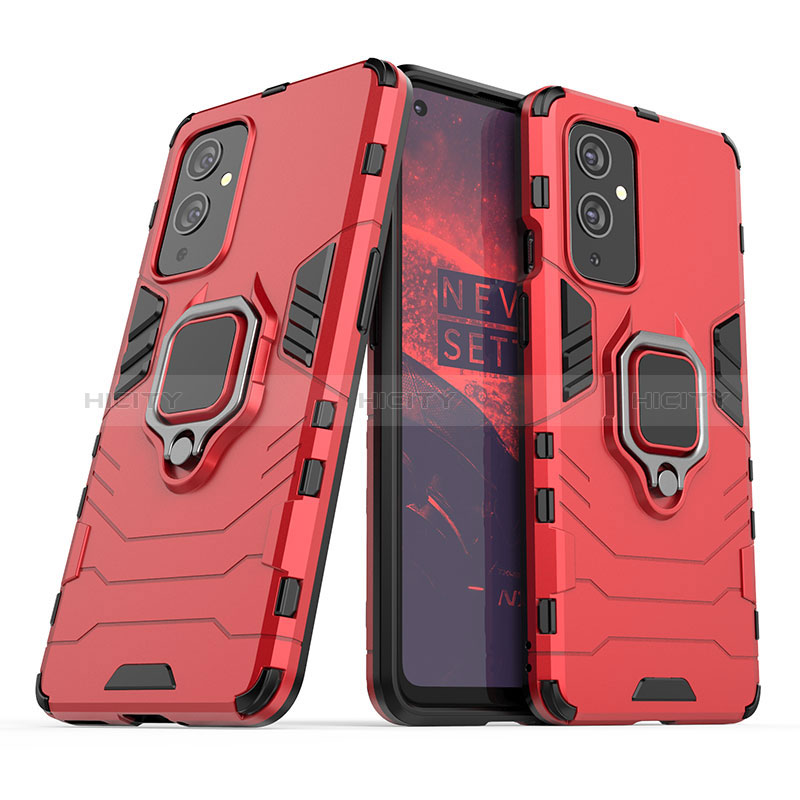 Custodia Silicone e Plastica Opaca Cover con Magnetico Anello Supporto KC1 per OnePlus 9 5G Rosso