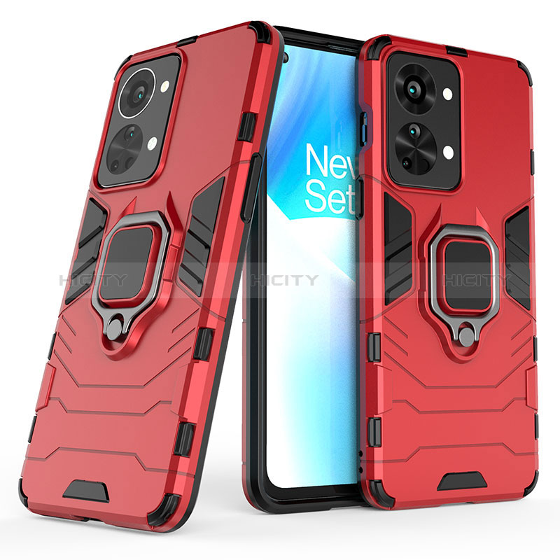 Custodia Silicone e Plastica Opaca Cover con Magnetico Anello Supporto KC1 per OnePlus Nord 2T 5G Rosso