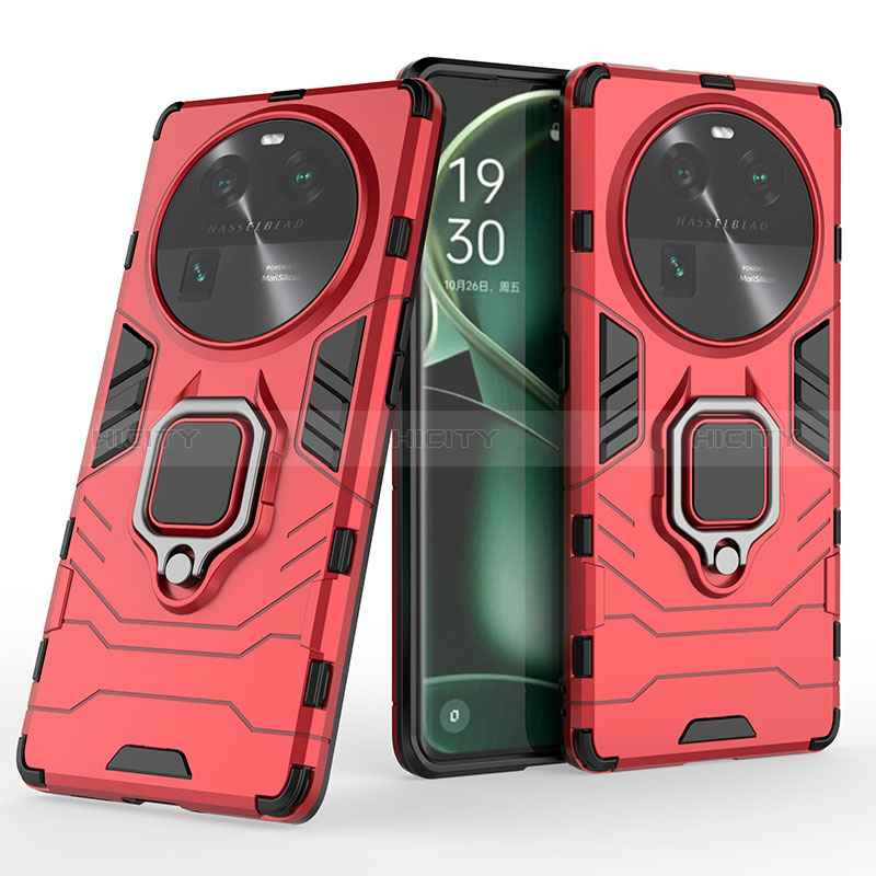 Custodia Silicone e Plastica Opaca Cover con Magnetico Anello Supporto KC1 per Oppo Find X6 5G Rosso