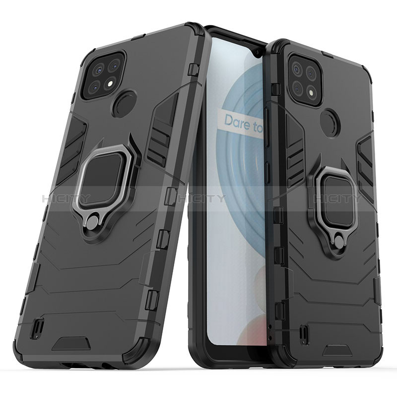 Custodia Silicone e Plastica Opaca Cover con Magnetico Anello Supporto KC1 per Realme C21 Nero