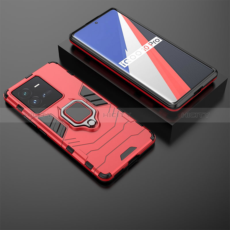 Custodia Silicone e Plastica Opaca Cover con Magnetico Anello Supporto KC1 per Vivo iQOO 10 Pro 5G Rosso