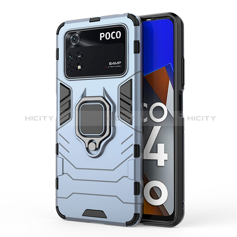 Custodia Silicone e Plastica Opaca Cover con Magnetico Anello Supporto KC1 per Xiaomi Poco M4 Pro 4G Blu