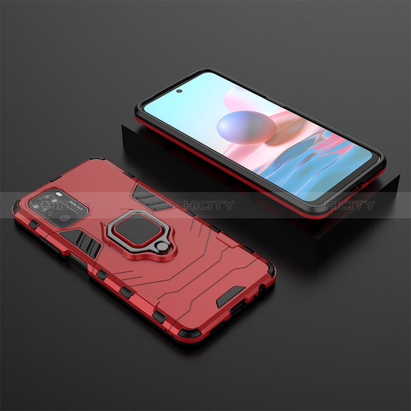 Custodia Silicone e Plastica Opaca Cover con Magnetico Anello Supporto KC1 per Xiaomi Redmi Note 10 4G Rosso