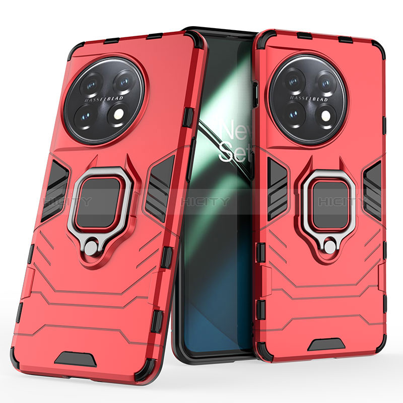 Custodia Silicone e Plastica Opaca Cover con Magnetico Anello Supporto KC2 per OnePlus 11 5G Rosso