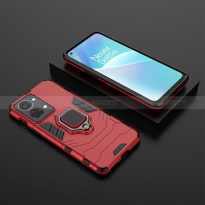 Custodia Silicone e Plastica Opaca Cover con Magnetico Anello Supporto KC2 per OnePlus Nord 2T 5G Rosso